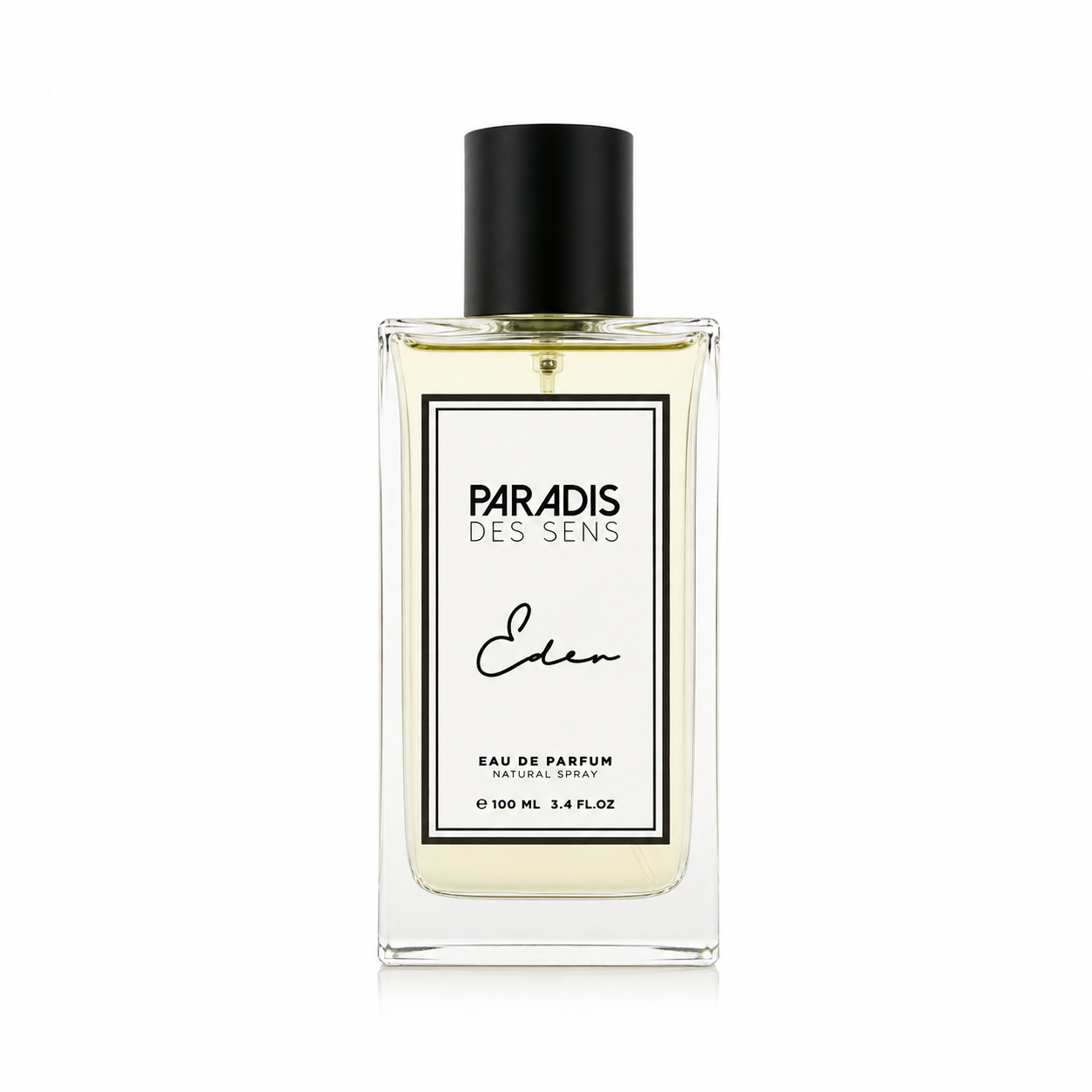 Eden de Paradis des Sens, eau de parfum 100 ml, flacon transparent au jus ambré de face sur fond blanc.