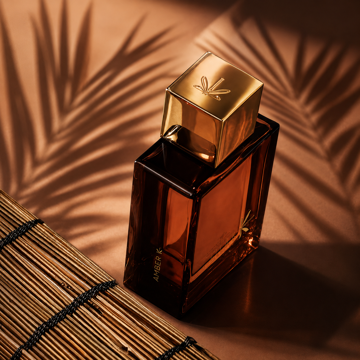 Parfum Amber K Ella K en mise en scène ambrée avec ombres de palmes et natte en bambou