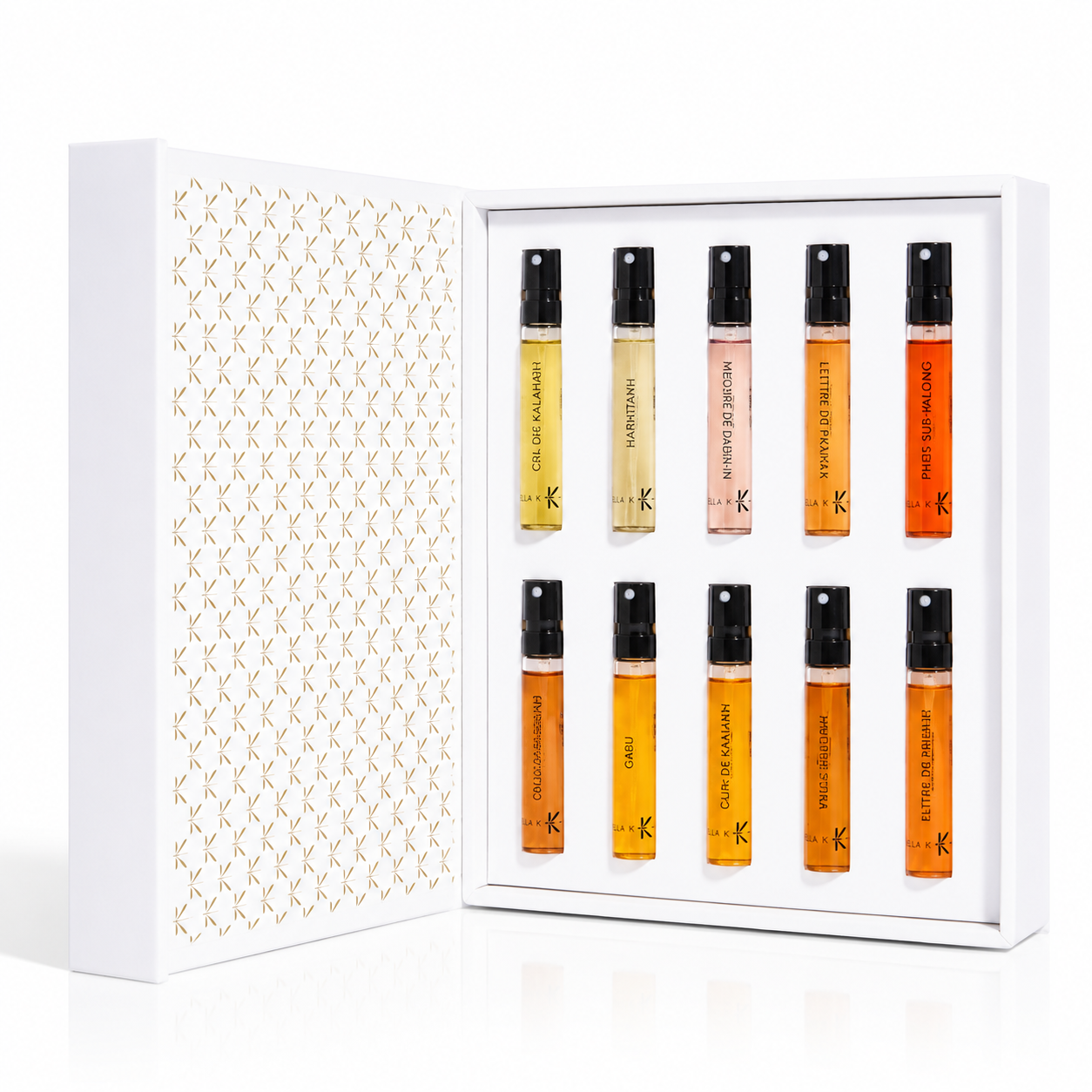 Coffret découverte Ella K 10 x 2 ml ouvert sur fond blanc