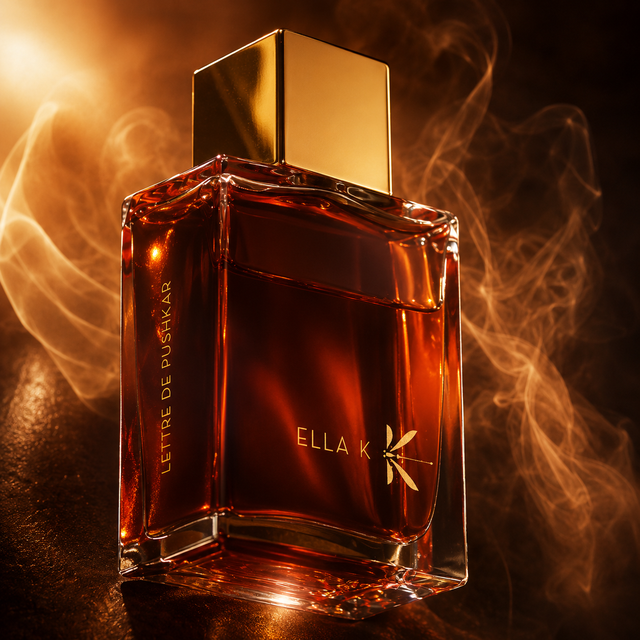 Parfum Lettre de Pushkar Ella K dans une ambiance chaude et fumée aux reflets ambrés