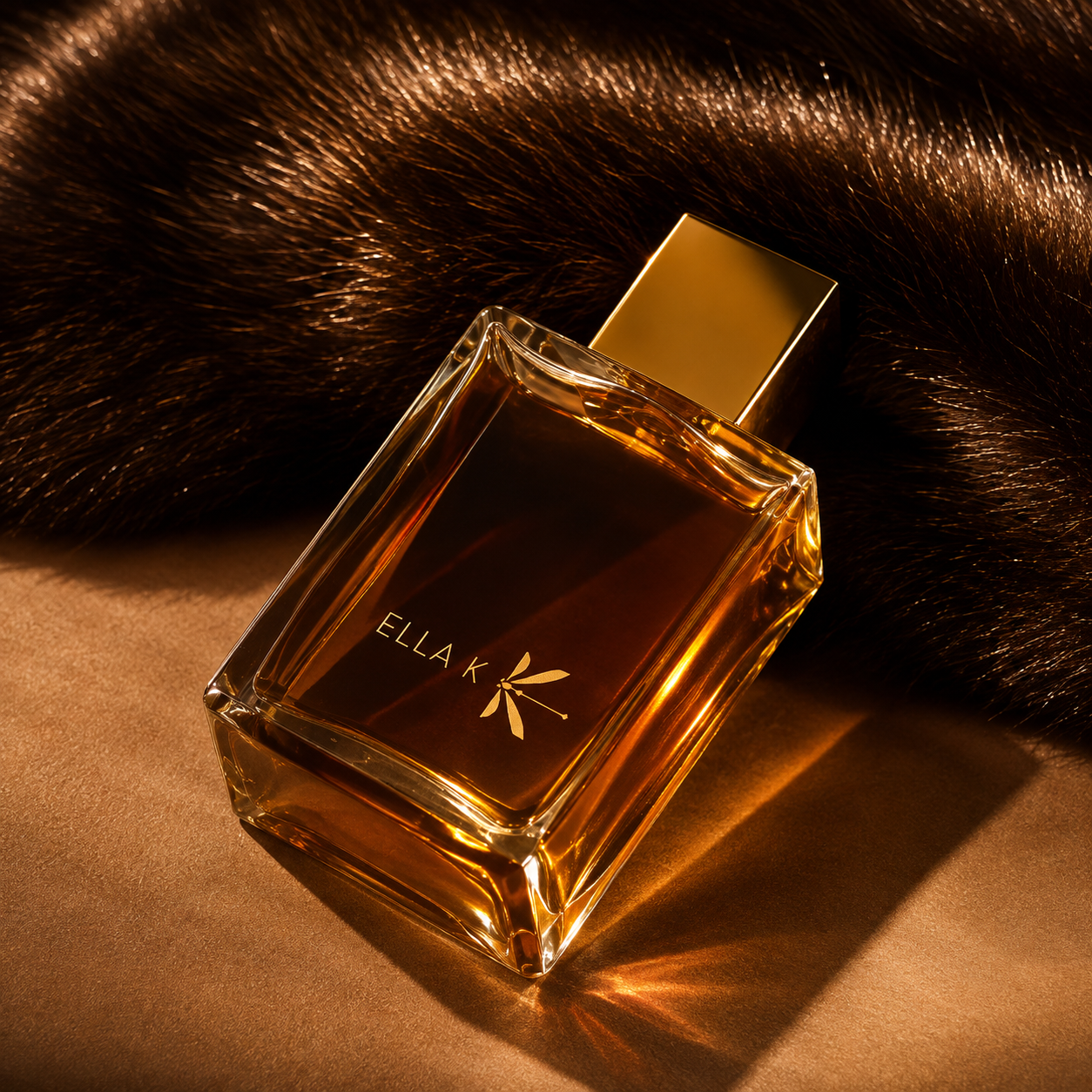 Parfum Mélodie de l'Altaï Ella K posé sur fourrure brune dans une ambiance ambrée