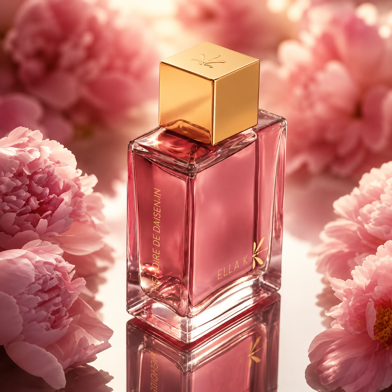 Mémoire de Daisen In d'Ella K, eau de parfum, flacon en mise en scène entouré de pivoines roses.