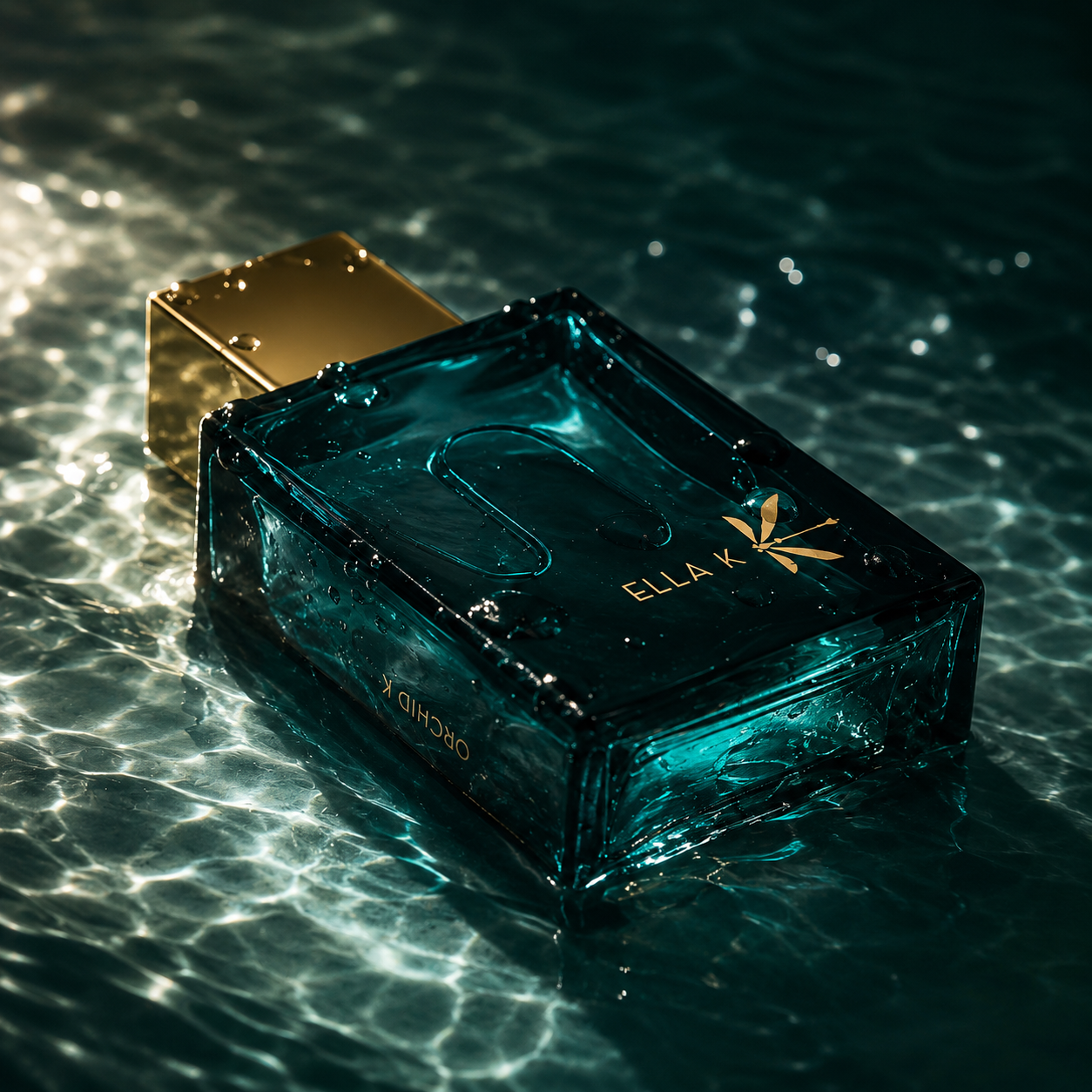 Parfum Orchid K Ella K posé dans l’eau avec gouttes et reflets aquatiques bleu turquoise