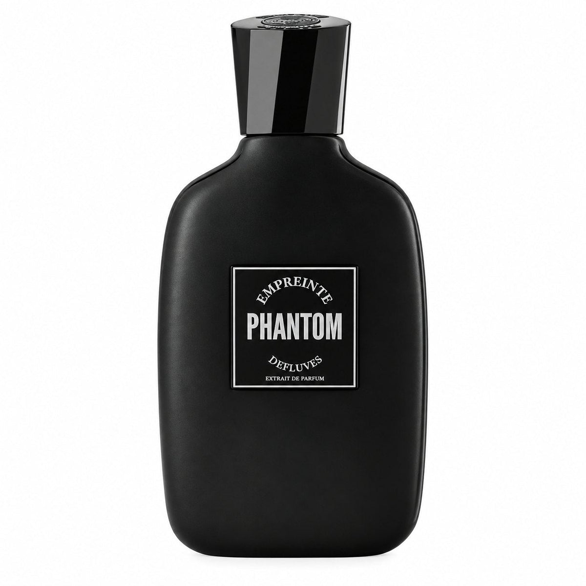 Phantom d'Empreinte d'Effluves, extrait de parfum 100 ml, flacon noir de face sur fond blanc.
