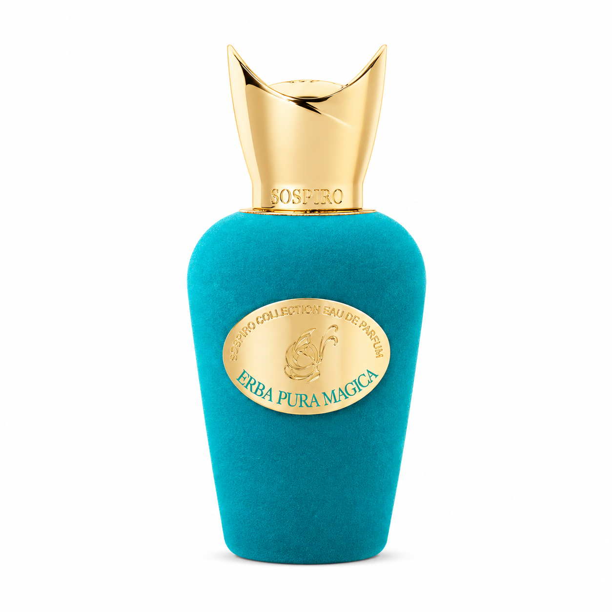 Erba Pura Magica de Sospiro, eau de parfum 100 ml, flacon de velours turquoise de face sur fond blanc.