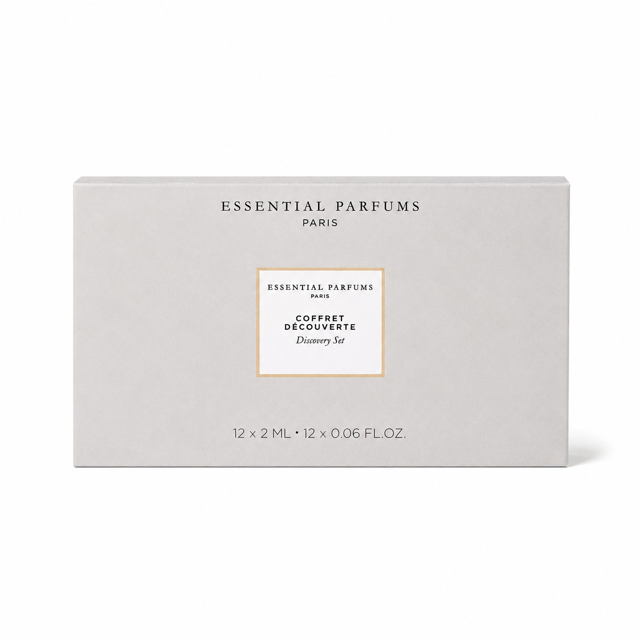 Coffret Découverte Essential Parfums 12 × 2 ml, boîte de face sur fond blanc, contenant 12 échantillons de parfums de niche.