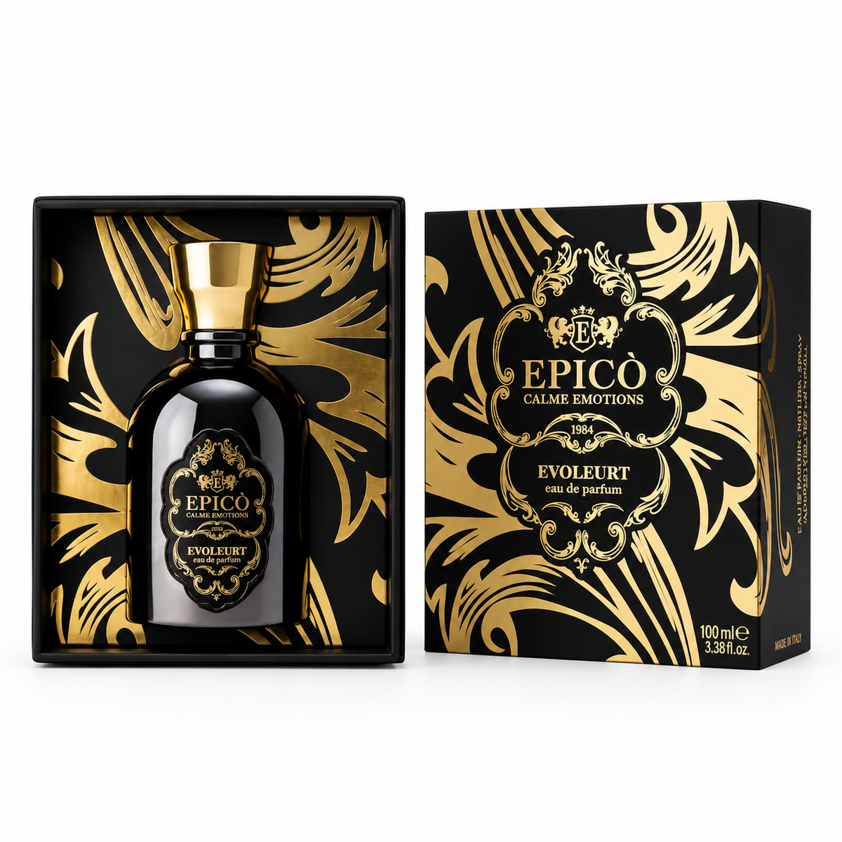 Evoleurt d'Epicò, extrait de parfum 100 ml, flacon et coffret sur fond blanc.