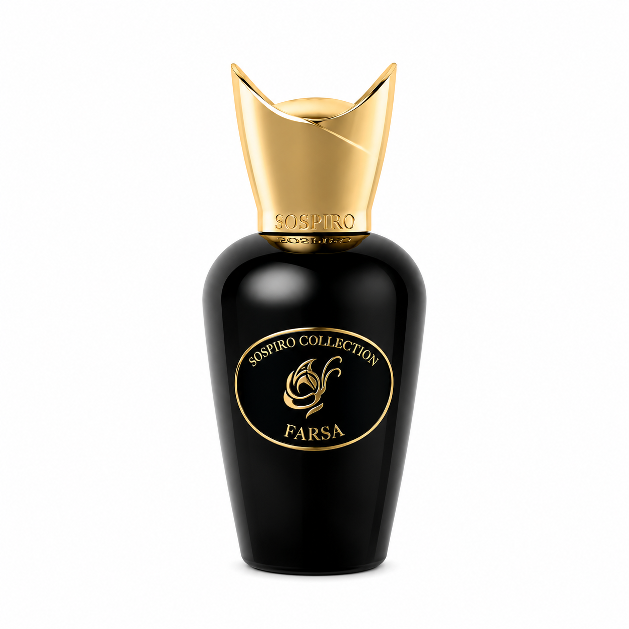 Farsa de Sospiro, eau de parfum 75 ml, flacon de verre noir laqué de face sur fond blanc.