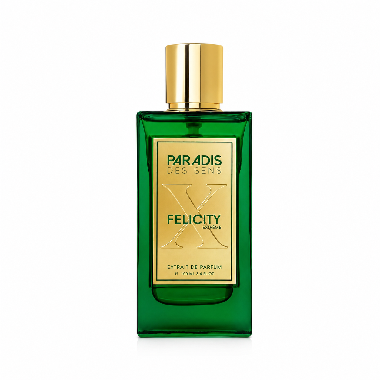 Felicity Extreme de Paradis des Sens, extrait de parfum 100 ml, flacon vert de face sur fond blanc.