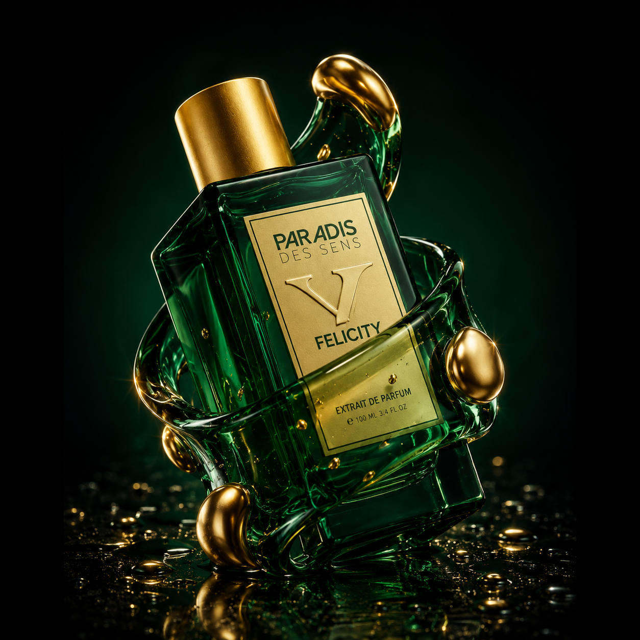 Felicity Extreme de Paradis des Sens, extrait de parfum 100 ml, mise en scène sur fond vert sombre avec éclats dorés.