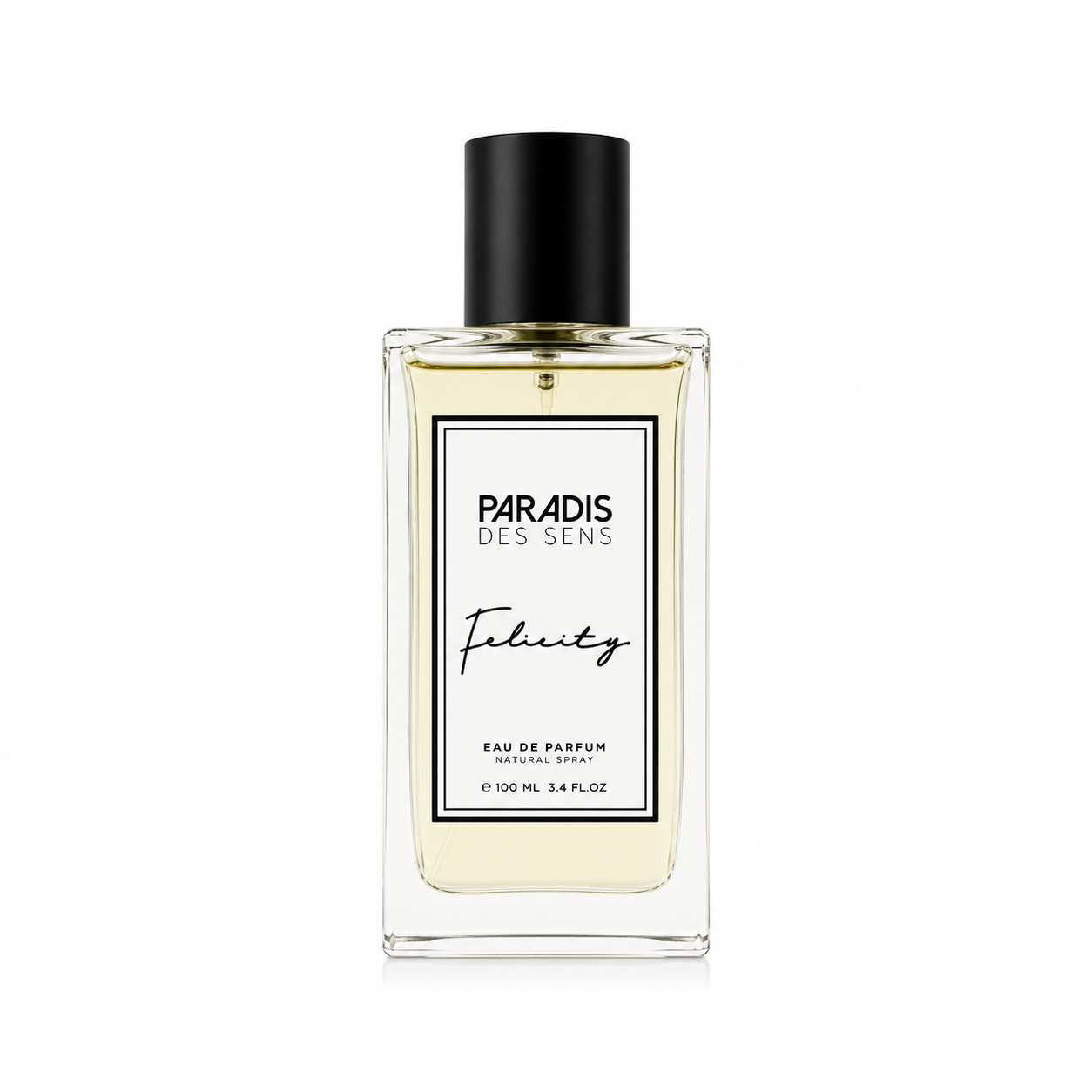 Felicity de Paradis des Sens, eau de parfum 100 ml, flacon transparent au jus ambré de face sur fond blanc.