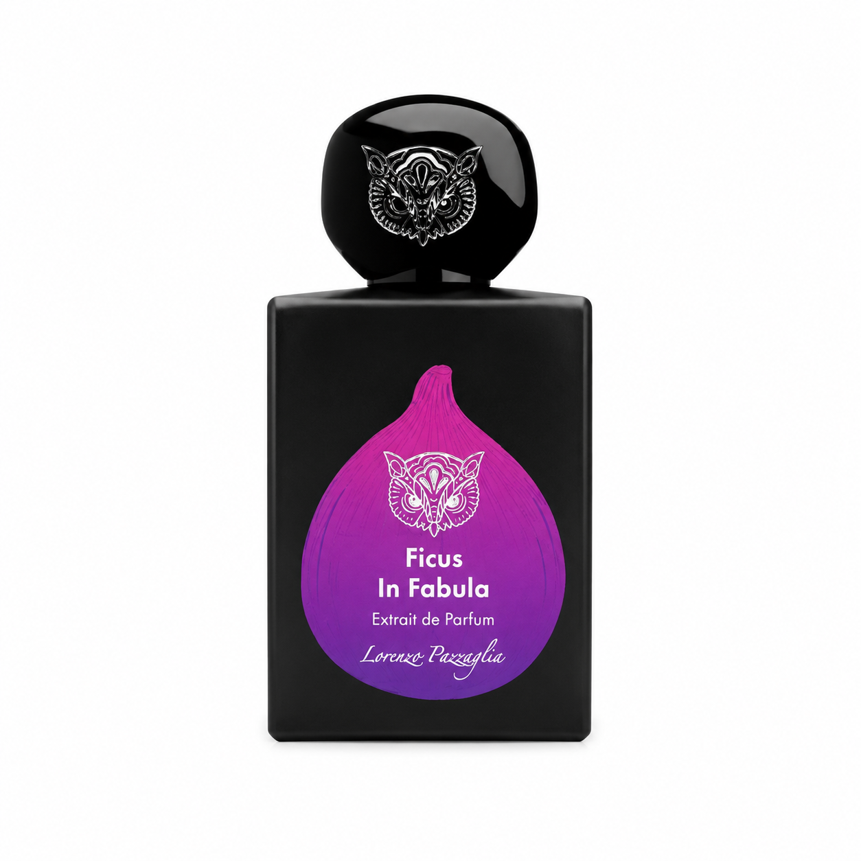 Ficus In Fabula de Lorenzo Pazzaglia, extrait de parfum 50 ml, flacon noir sur fond blanc avec étiquette en forme de figue violette.