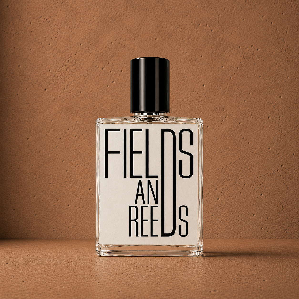 Flacon Fields and Reeds Indices Parfums mis en scène sur fond brun texturé