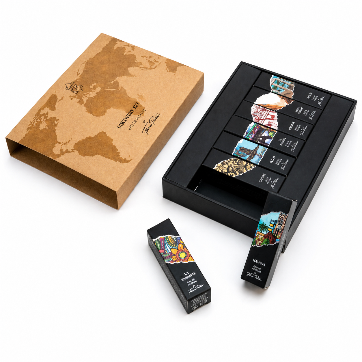 Coffret découverte Florian Pontier ouvert avec 7 parfums et étui sur fond blanc