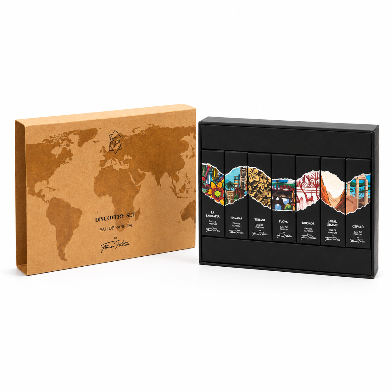 Coffret découverte Florian Pontier avec 7 eaux de parfum sur fond blanc