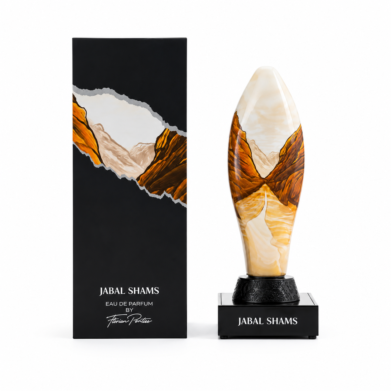 Parfum Jabal Shams 100 ml Florian Pontier avec boîte sur fond blanc