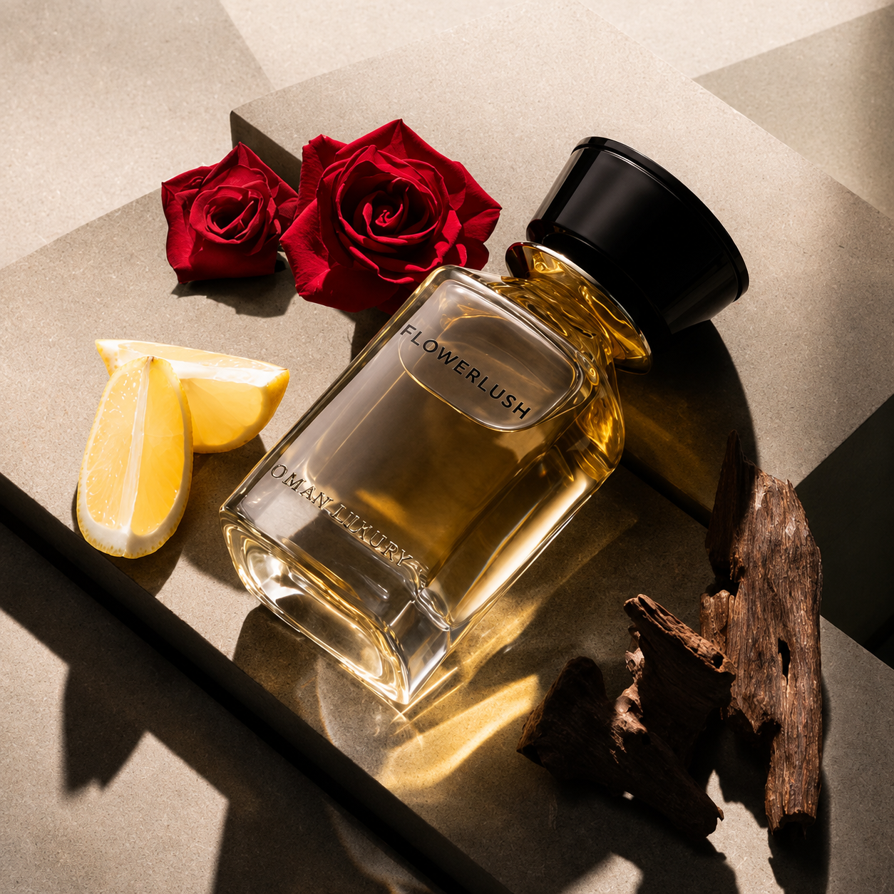 Flowerlush by Oman Luxury flacon de parfum avec rose rouge, citron et bois de oud sur fond minéral