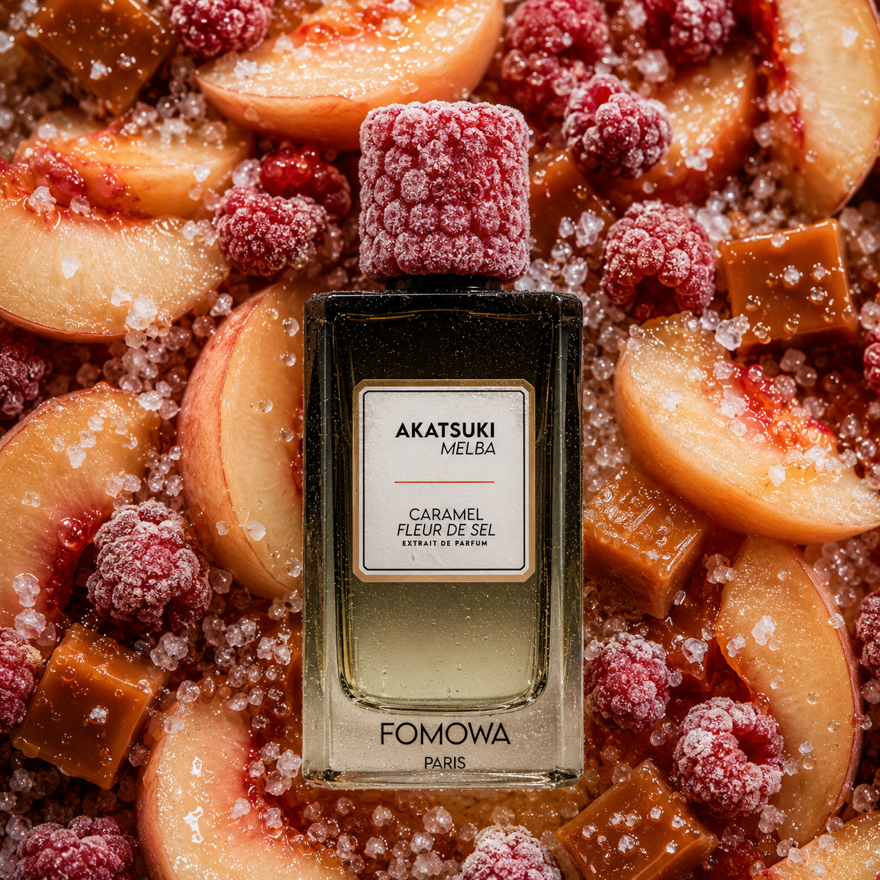 Fomowa Akatsuki Melba Caramel Fleur de Sel Extrait de Parfum sur un décor de pêche, framboise, caramel et fleur de sel