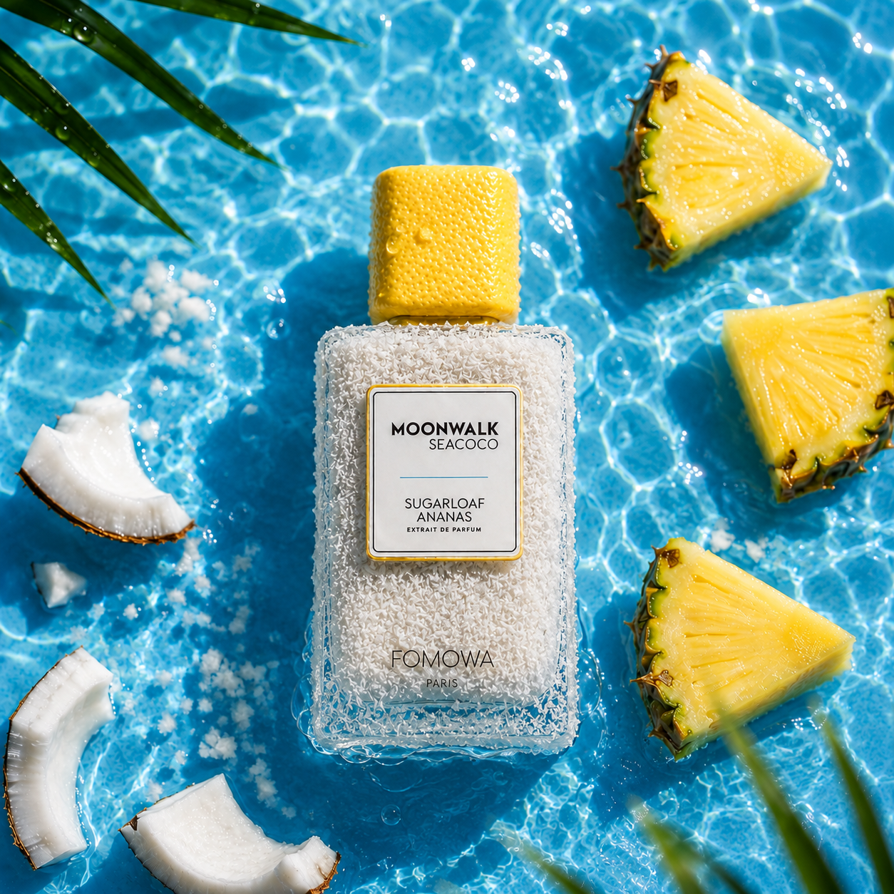 Fomowa Moonwalk Seacoco Sugarloaf Ananas Extrait de Parfum sur un décor de noix de coco et d'ananas
