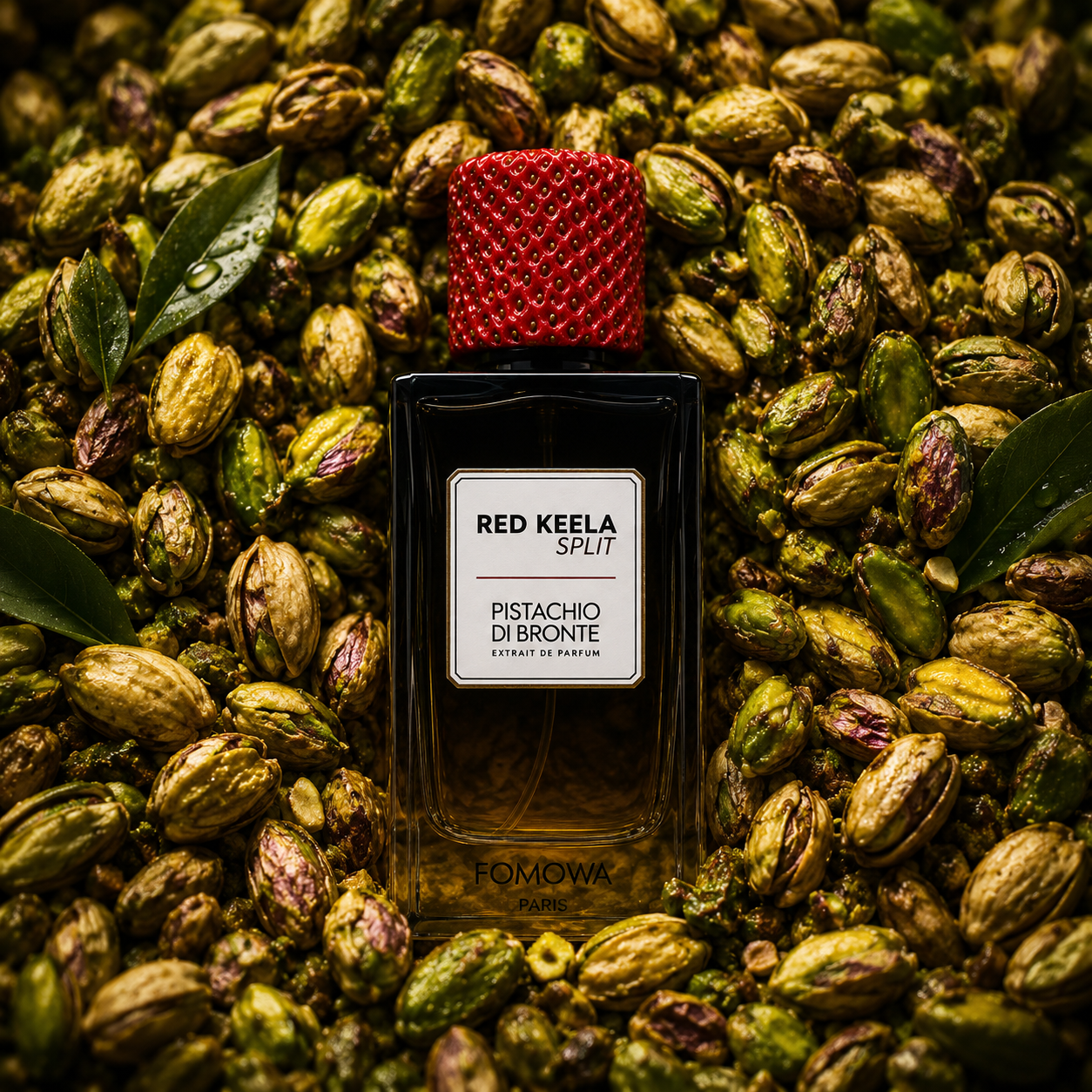 Fomowa Red Keela Split Pistachio di Bronte Extrait de Parfum sur un lit de pistaches
