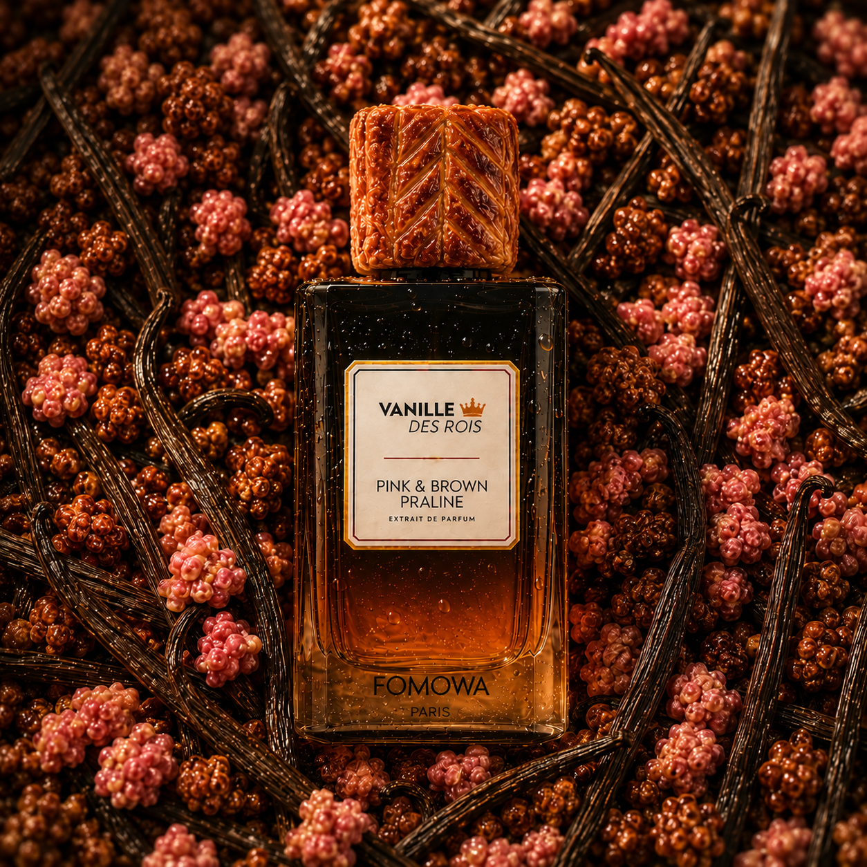 Fomowa Vanille des Rois Pink & Brown Praline Extrait de Parfum sur un décor de gousses de vanille et pralines