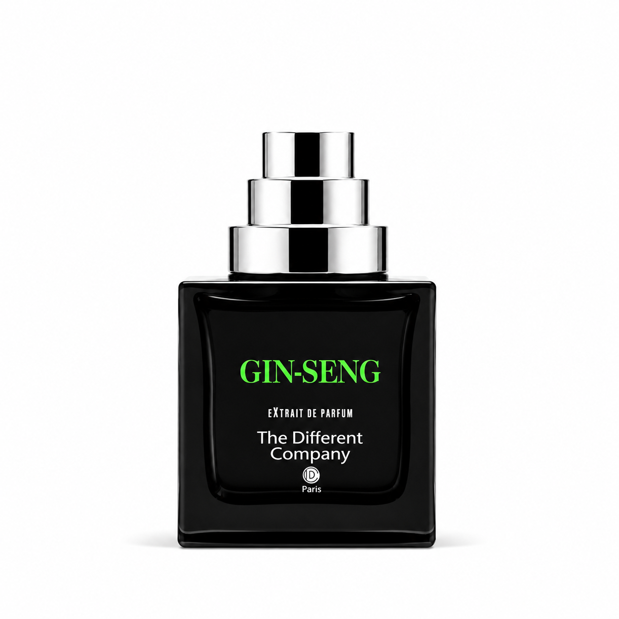 Gin-Seng de The Different Company, extrait de parfum 50 ml, flacon noir de face sur fond blanc.
