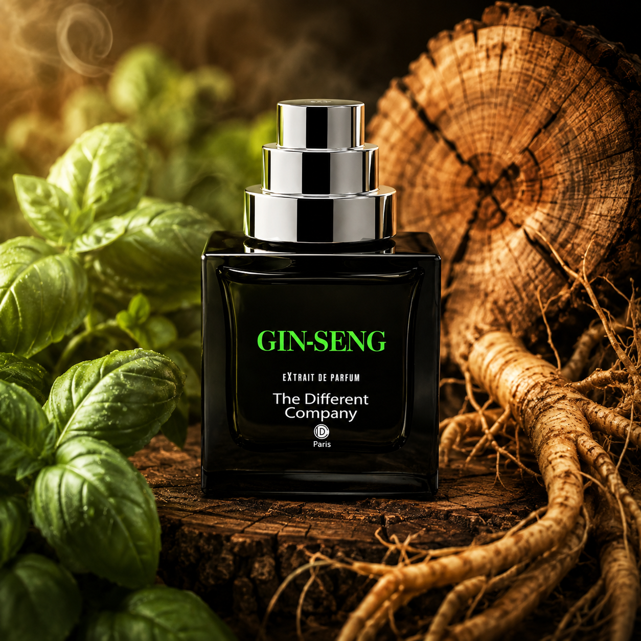 Gin-Seng de The Different Company, extrait de parfum, flacon en mise en scène avec une racine de ginseng et du basilic frais.