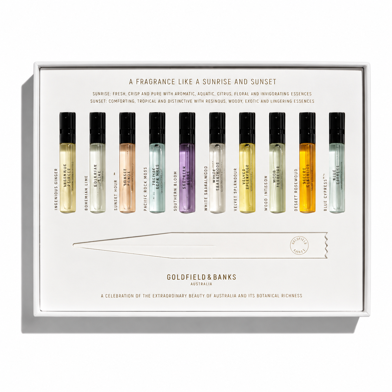 Coffret découverte Goldfield & Banks Australia avec 10 échantillons de parfums sur fond blanc