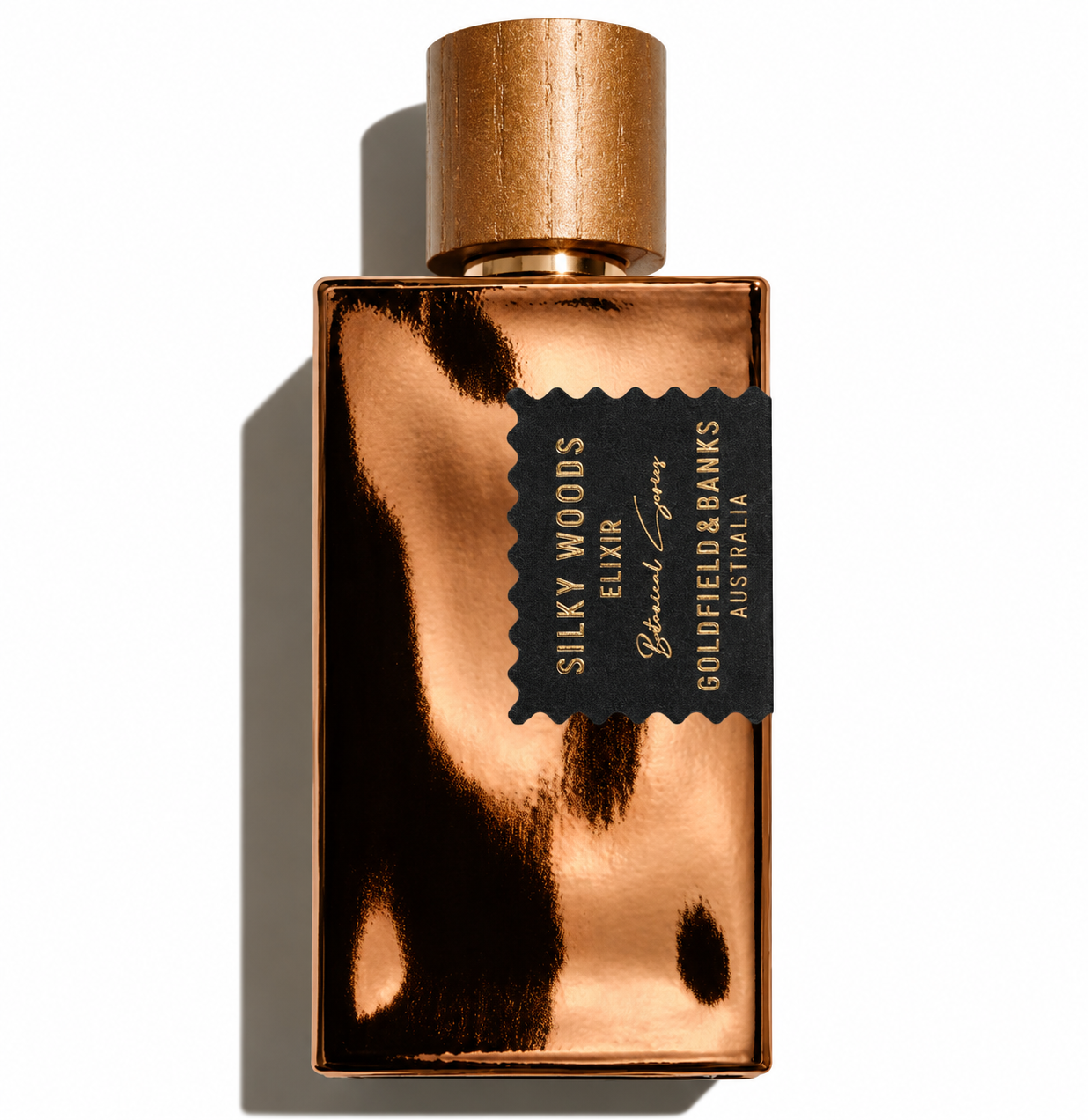 Parfum Silky Woods Elixir Goldfield & Banks Australia sur fond blanc