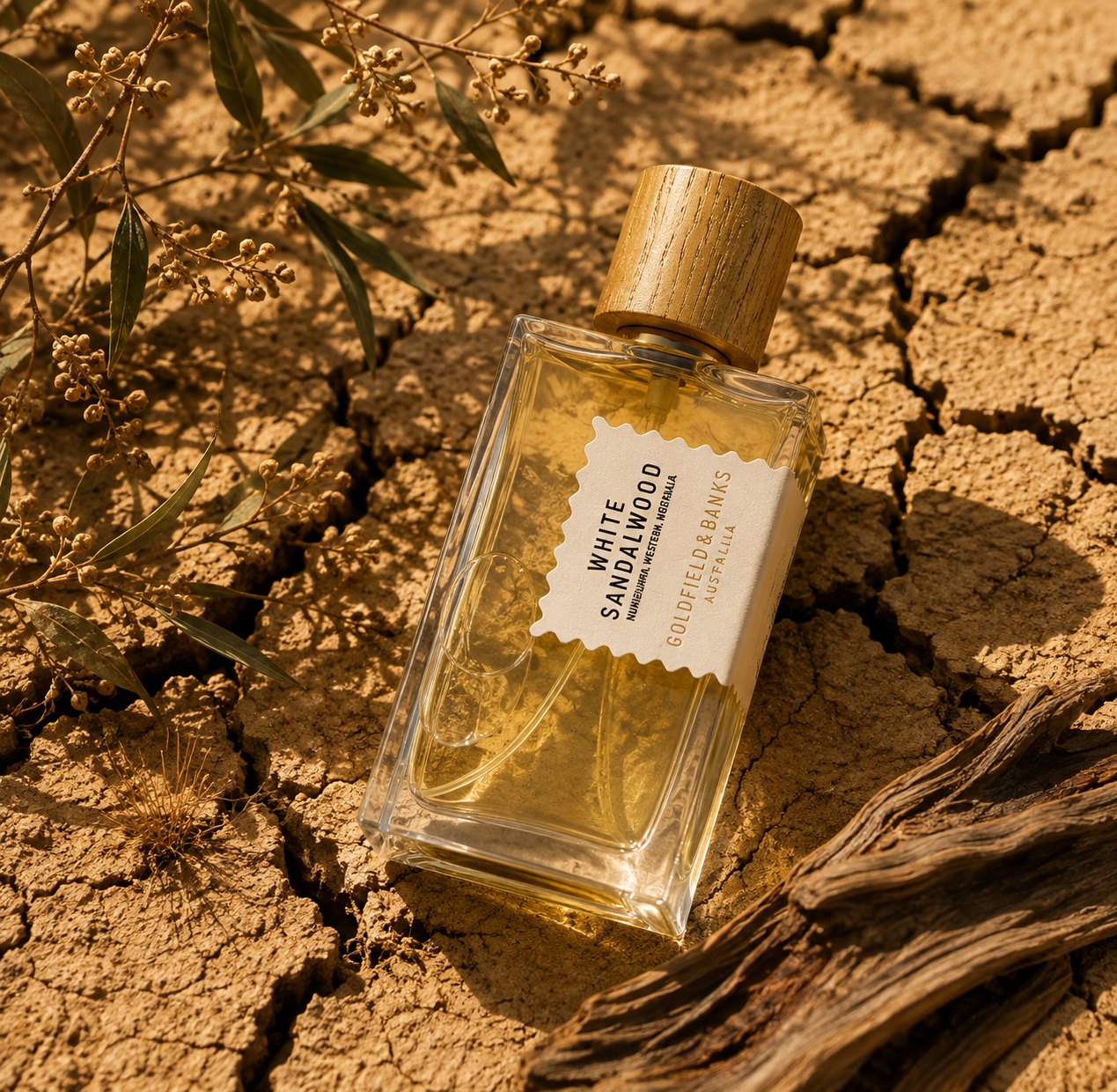 Parfum White Sandalwood Goldfield & Banks Australia en mise en scène sur terre craquelée avec bois de santal et végétation sèche