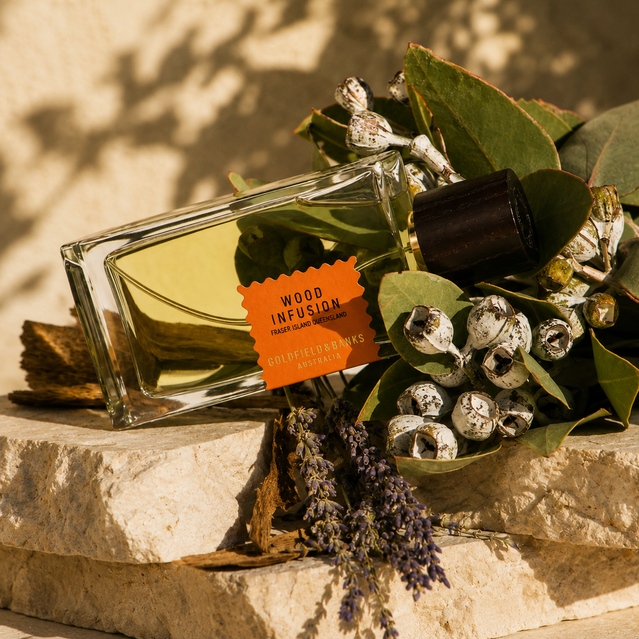 Parfum Wood Infusion Goldfield & Banks Australia en mise en scène végétale et boisée aux tons naturels