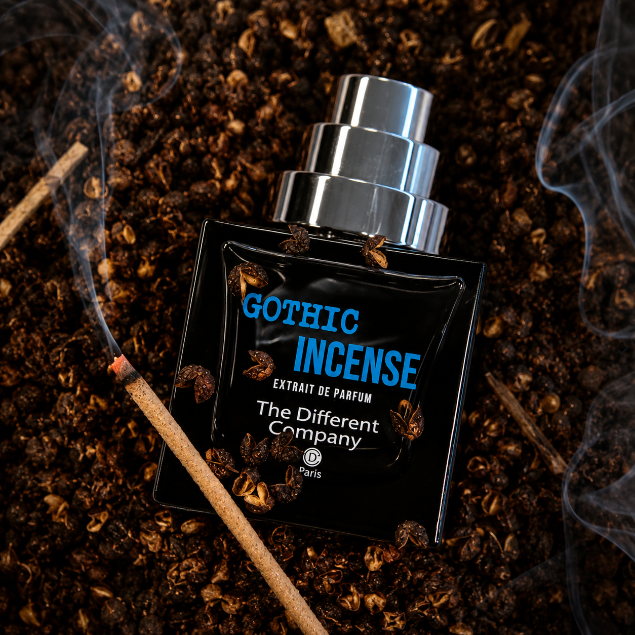 Gothic Incense de The Different Company, extrait de parfum, flacon en mise en scène avec un bâton d'encens allumé et des résines fumées.