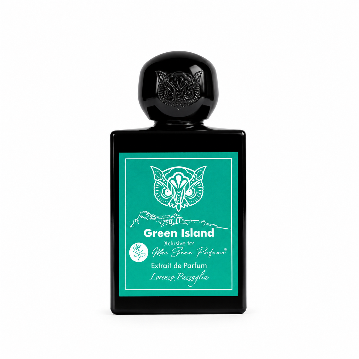 Green Island de Lorenzo Pazzaglia, extrait de parfum 50 ml, flacon noir sur fond blanc avec étiquette vert émeraude inspirée d'une île méditerranéenne.