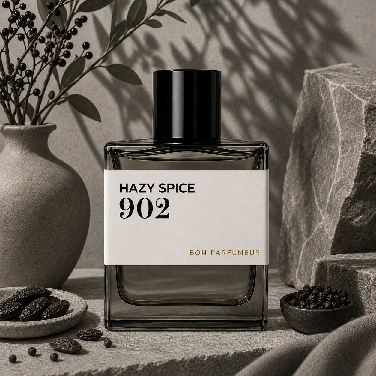 902 Hazy Spice de Bon Parfumeur, eau de parfum 100 ml, flacon en mise en scène avec fèves tonka et poivre.