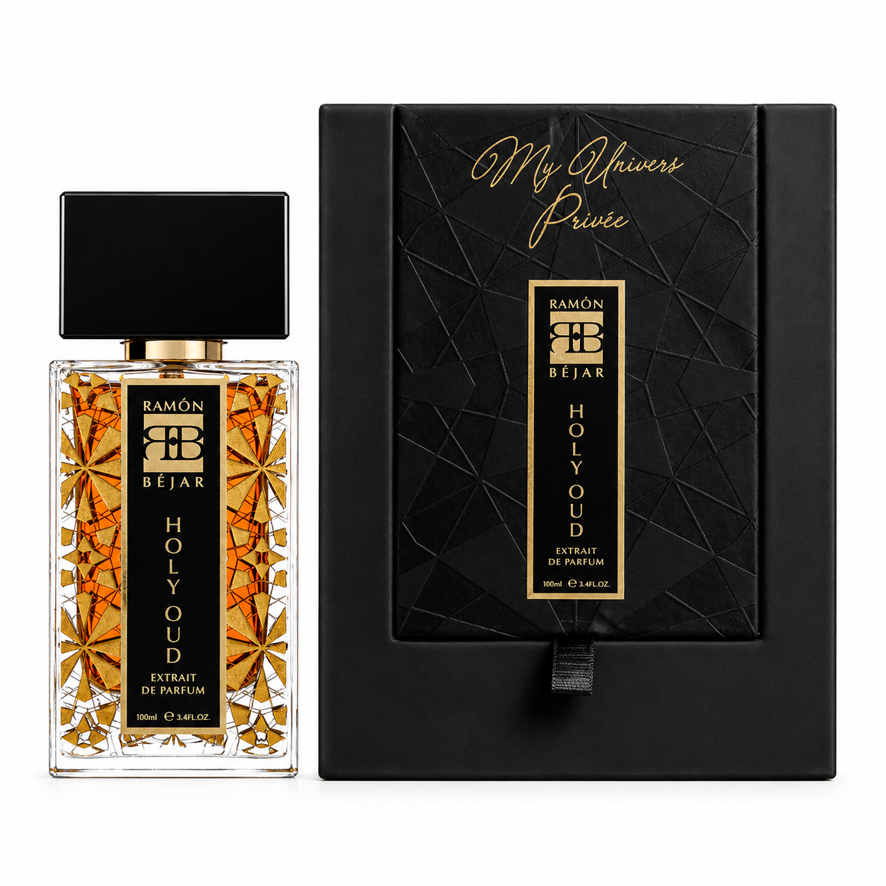 Coffret Holy Oud Ramon Bejar Extrait de Parfum 100 ml avec flacon sur fond blanc