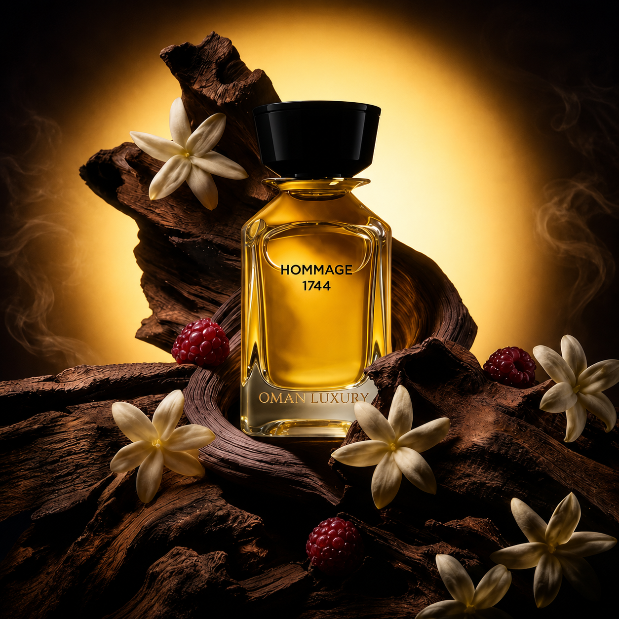 Hommage 1744 by Oman Luxury flacon de parfum avec bois de oud, fleurs blanches et baies rouges sur fond chaleureux