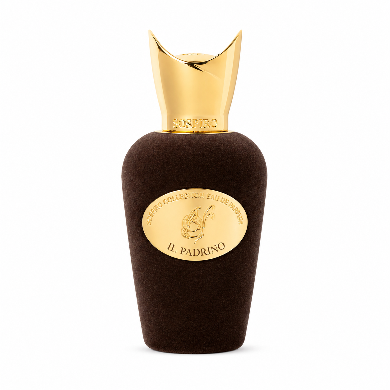 Il Padrino de Sospiro, eau de parfum 100 ml, flacon de velours brun de face sur fond blanc.