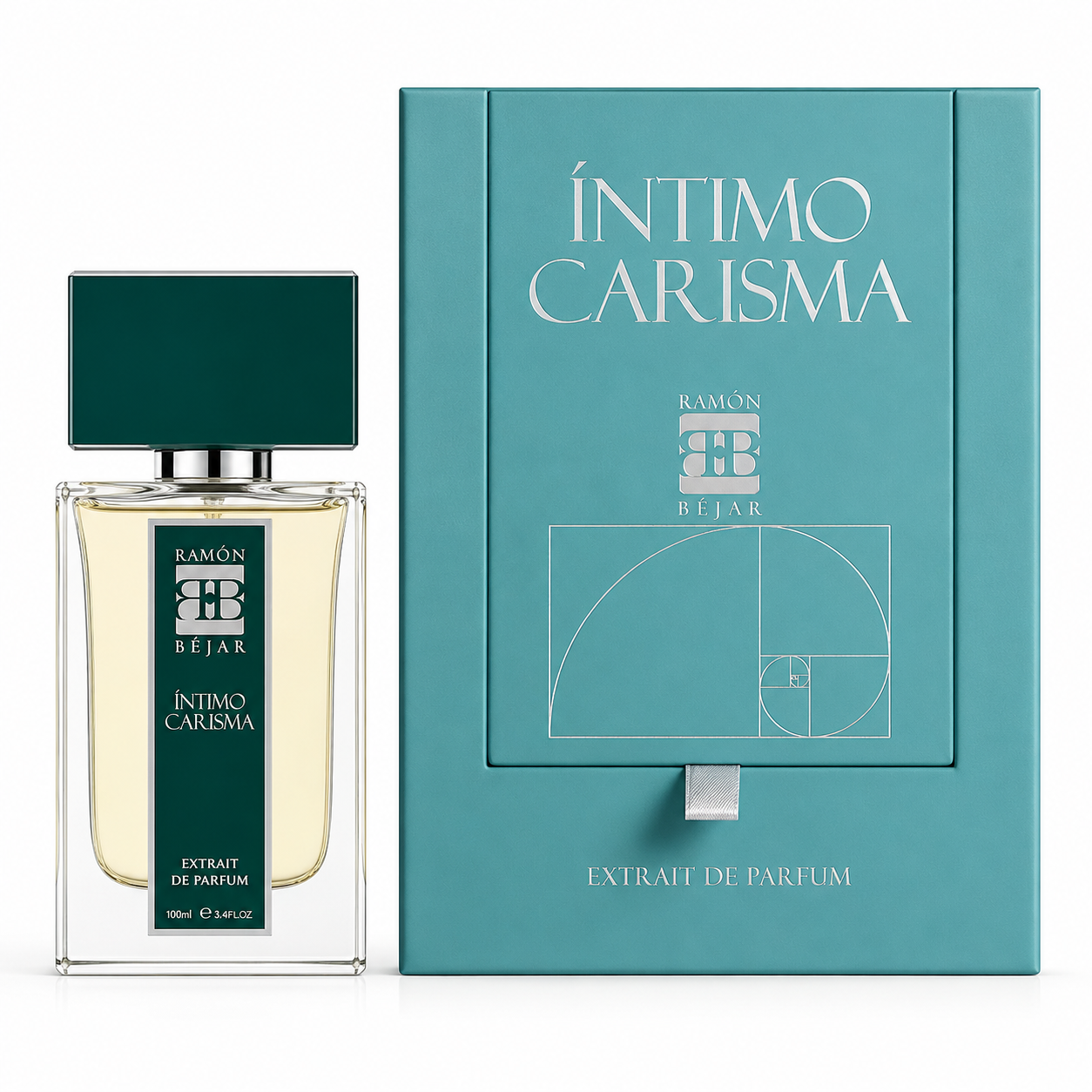 Coffret Intimo Carisma Ramon Bejar Extrait de Parfum 100 ml avec flacon sur fond blanc