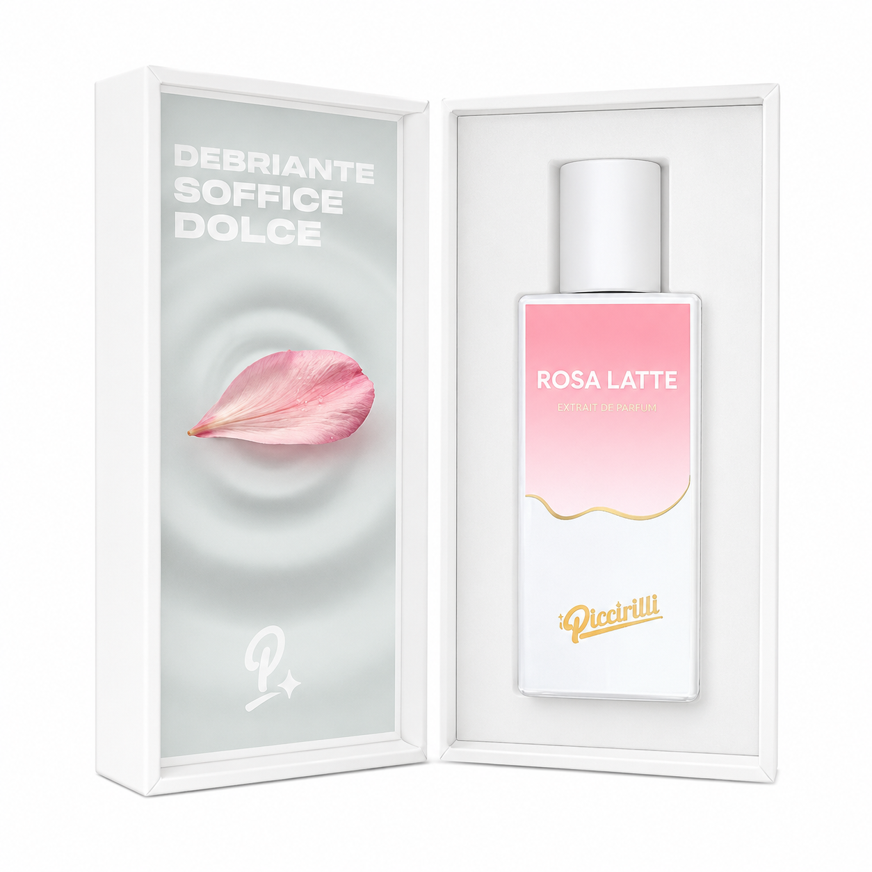 Rosa Latte d'iPiccirilli, extrait de parfum 30 ml, flacon et son coffret ouvert sur fond blanc.