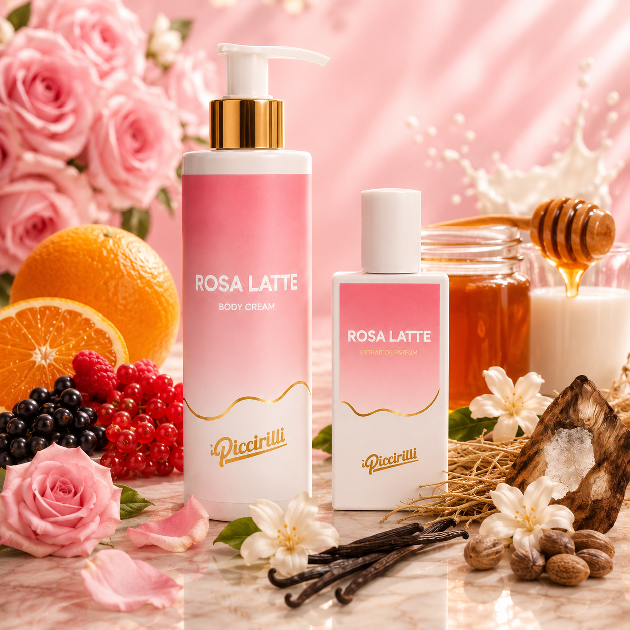 Rosa Latte iPiccirilli crème corporelle 250 ml et extrait de parfum 30 ml ambiance florale gourmande