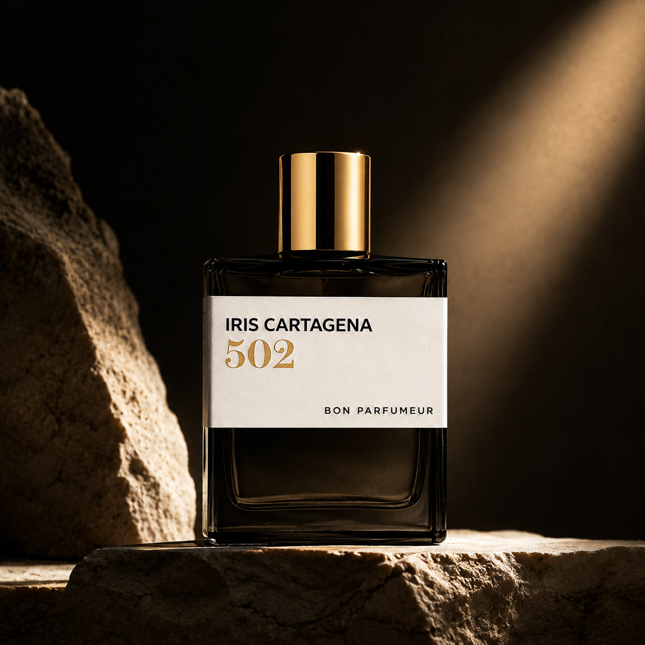 502 Iris Cartagena de Bon Parfumeur, extrait de parfum 100 ml, flacon en mise en scène sur pierre claire.