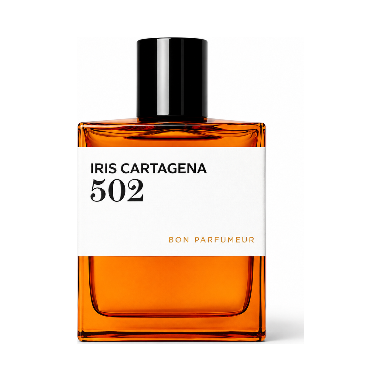 502 Iris Cartagena Édition Limitée de Bon Parfumeur, eau de parfum 100 ml, flacon orange de face sur fond blanc.