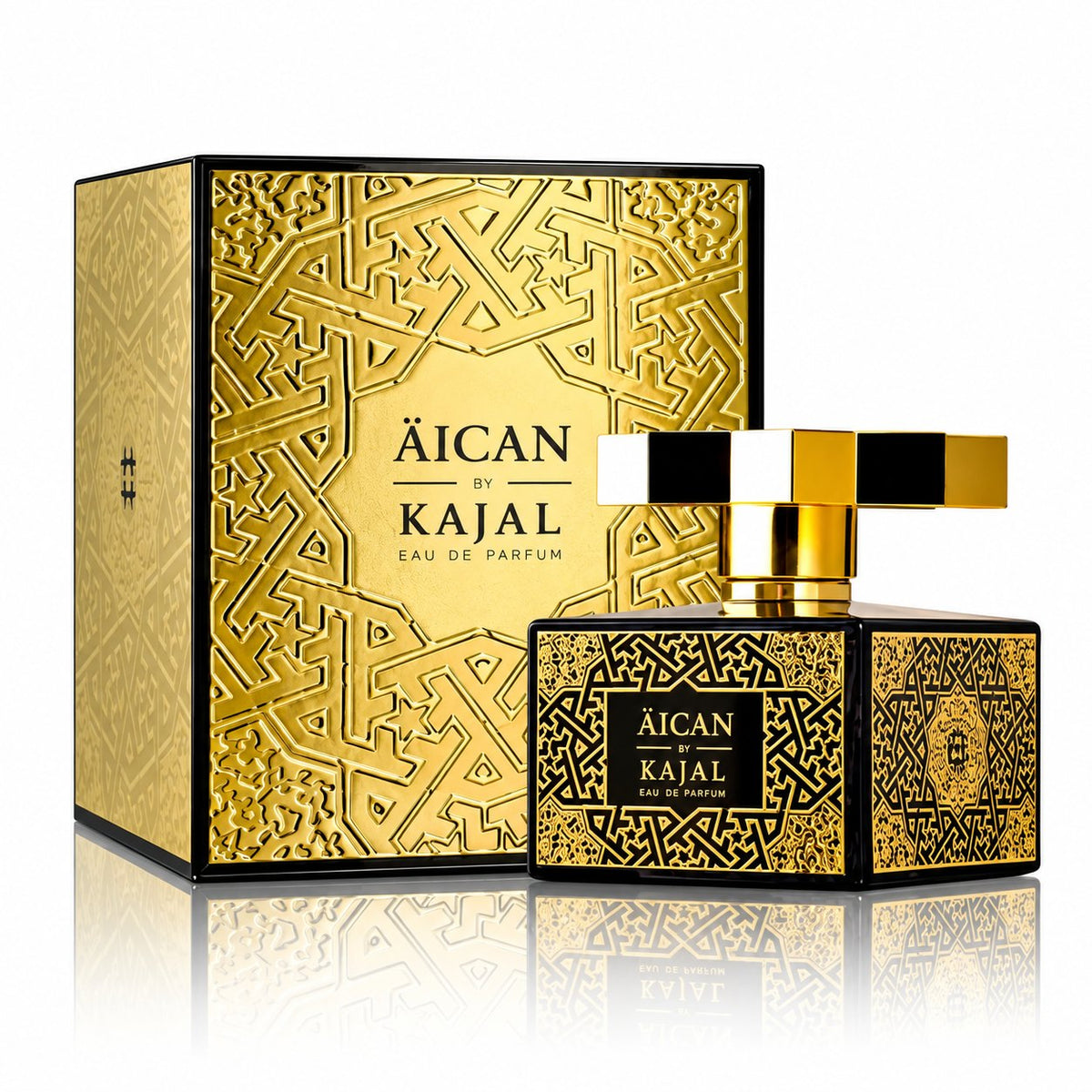Äican de Kajal, eau de parfum 100 ml, flacon et son coffret doré à motif géométrique sur fond blanc.