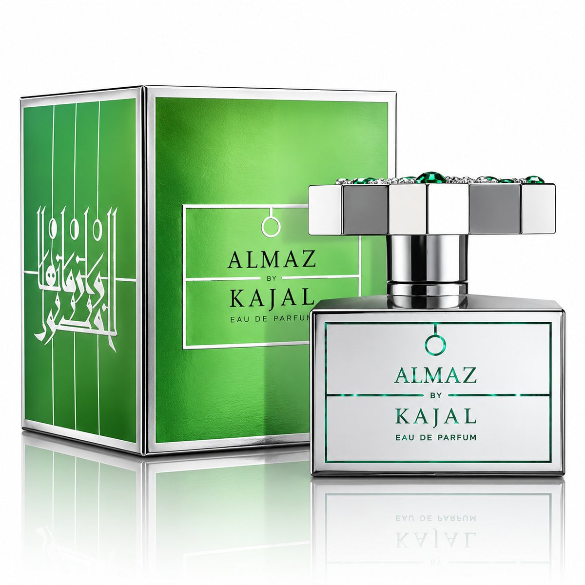 Almaz de Kajal, eau de parfum 100 ml, coffret vert et flacon argenté sur fond blanc.