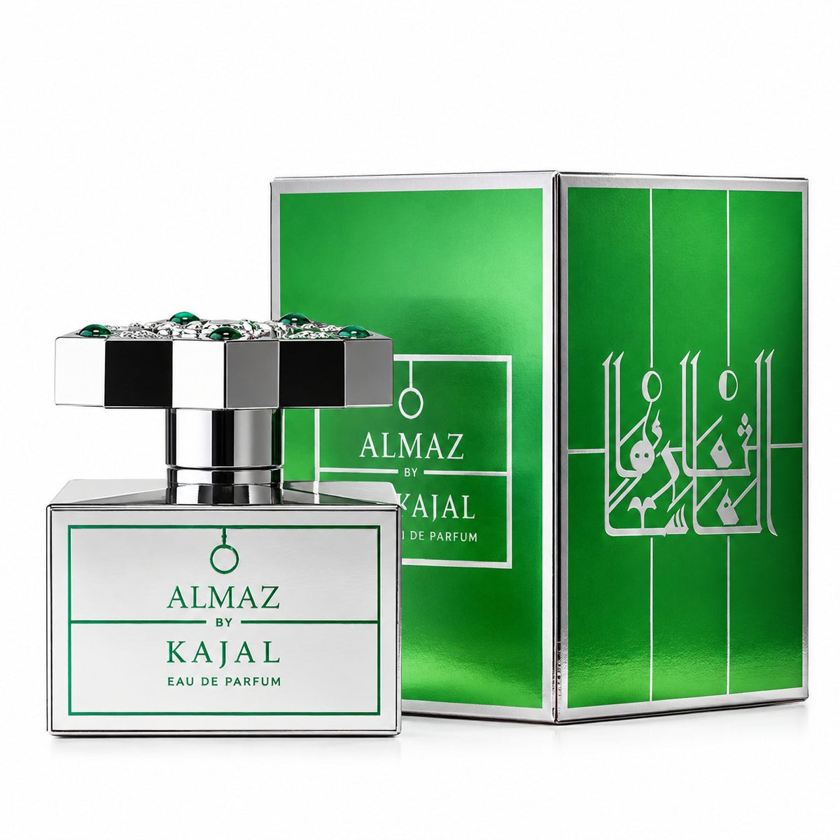 Almaz de Kajal, eau de parfum 100 ml, flacon et son coffret vert sur fond blanc.