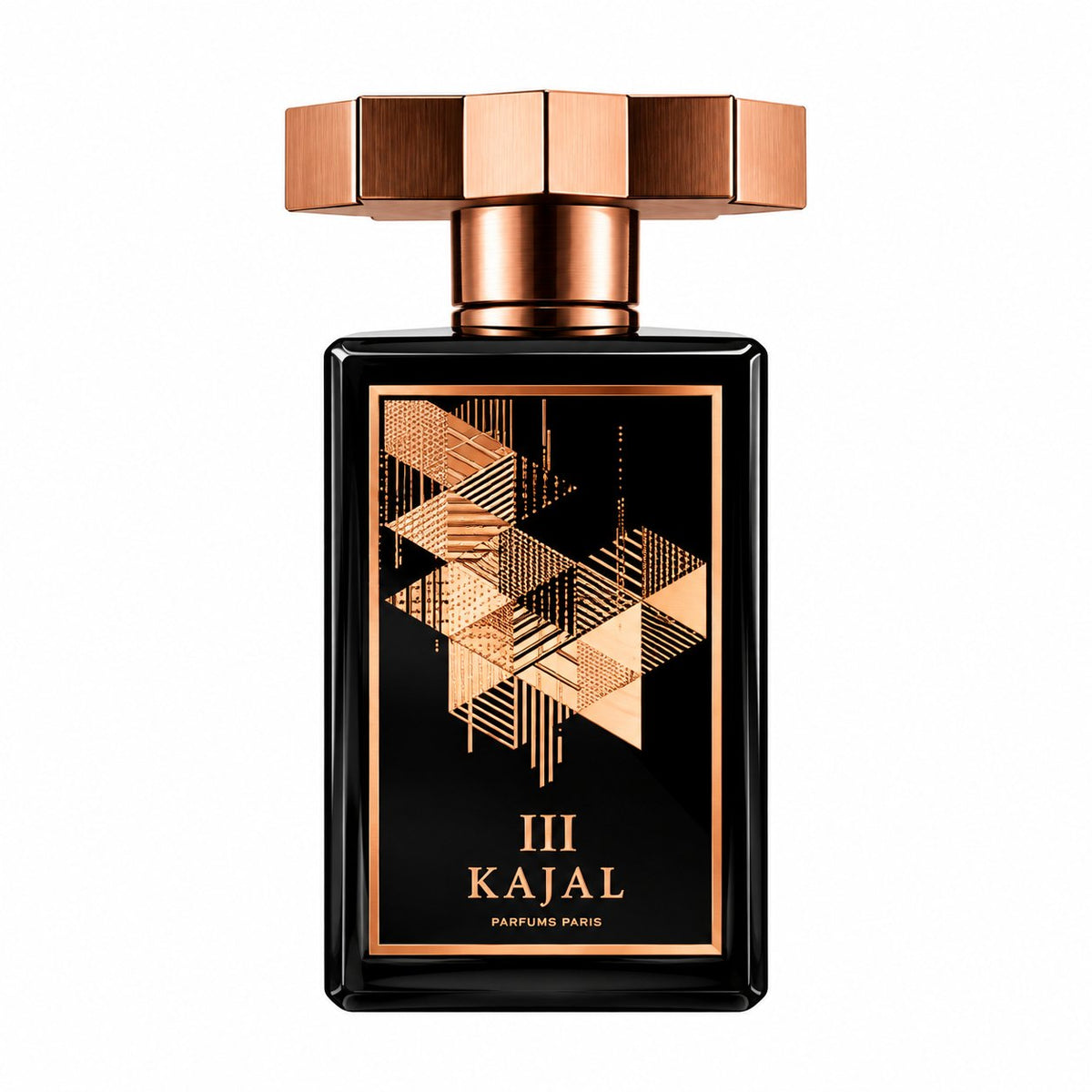 Kajal III, eau de parfum 100 ml, flacon noir et cuivre de face sur fond blanc.