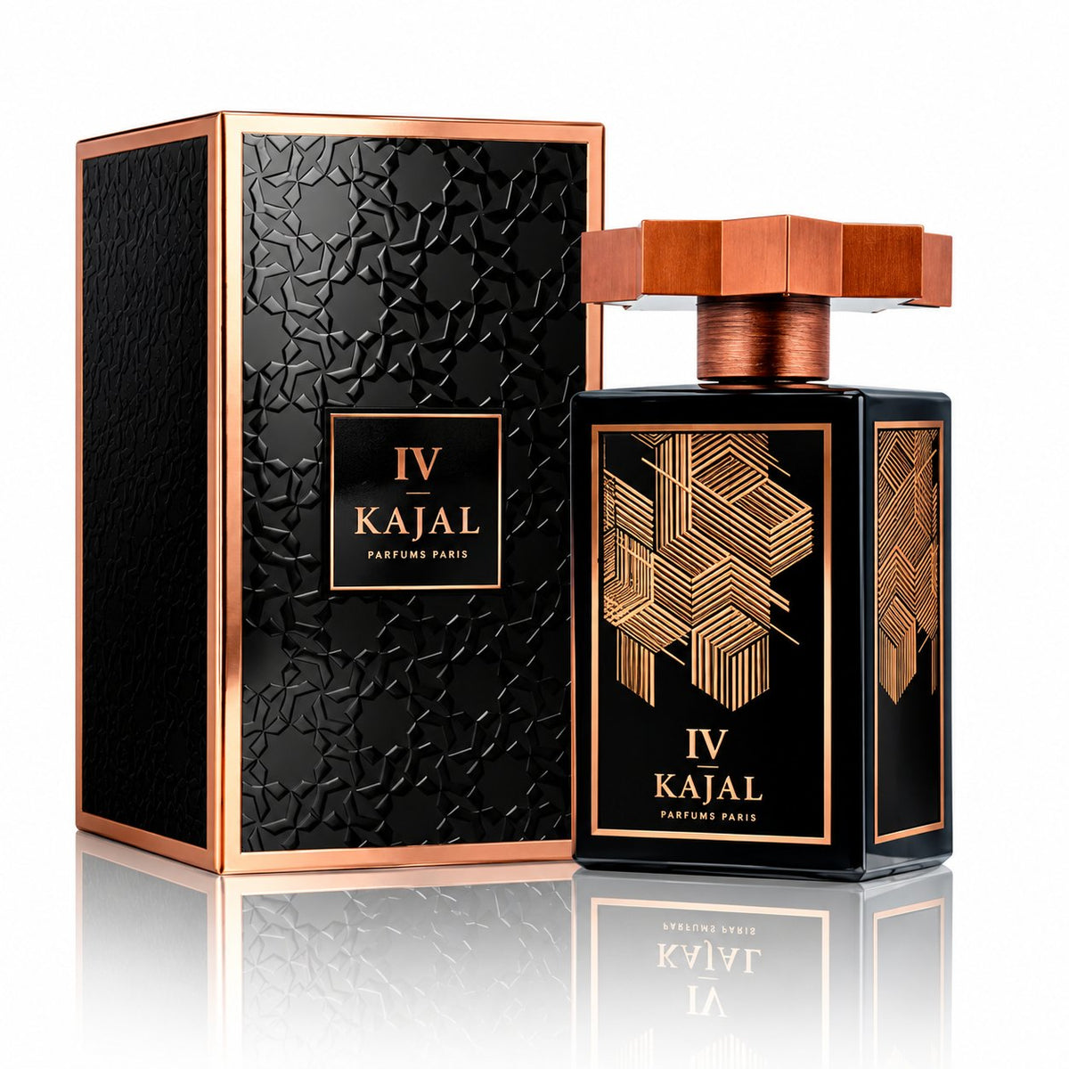 Kajal IV, eau de parfum 100 ml, flacon et son coffret noir et cuivre sur fond blanc.