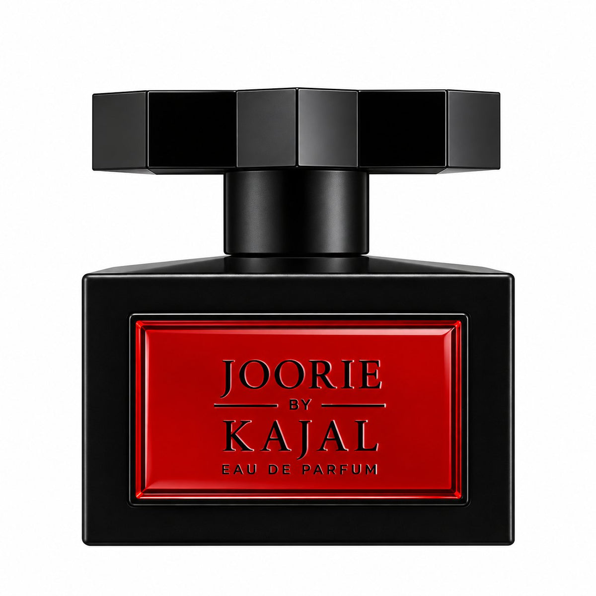 Joorie de Kajal, eau de parfum 100 ml, flacon noir à étiquette rouge de face sur fond blanc.