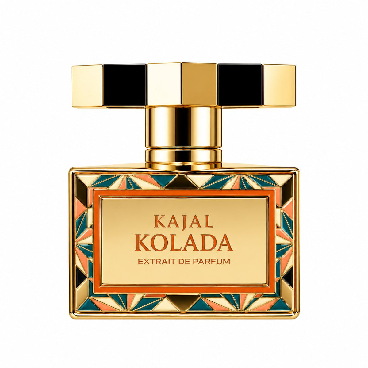 Kolada de Kajal, extrait de parfum 100 ml, flacon doré à mosaïque de face sur fond blanc.