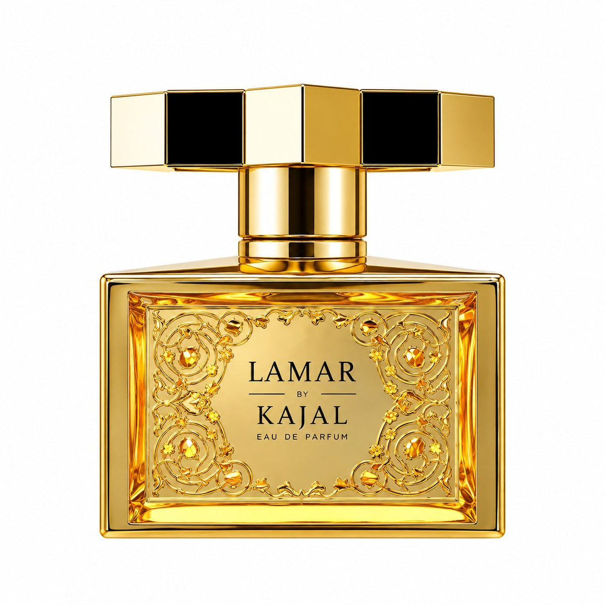 Lamar de Kajal, eau de parfum 100 ml, flacon doré de face sur fond blanc.